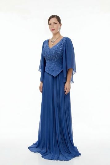 Plus Size Pleated Evening Dress with Stone Embellishments